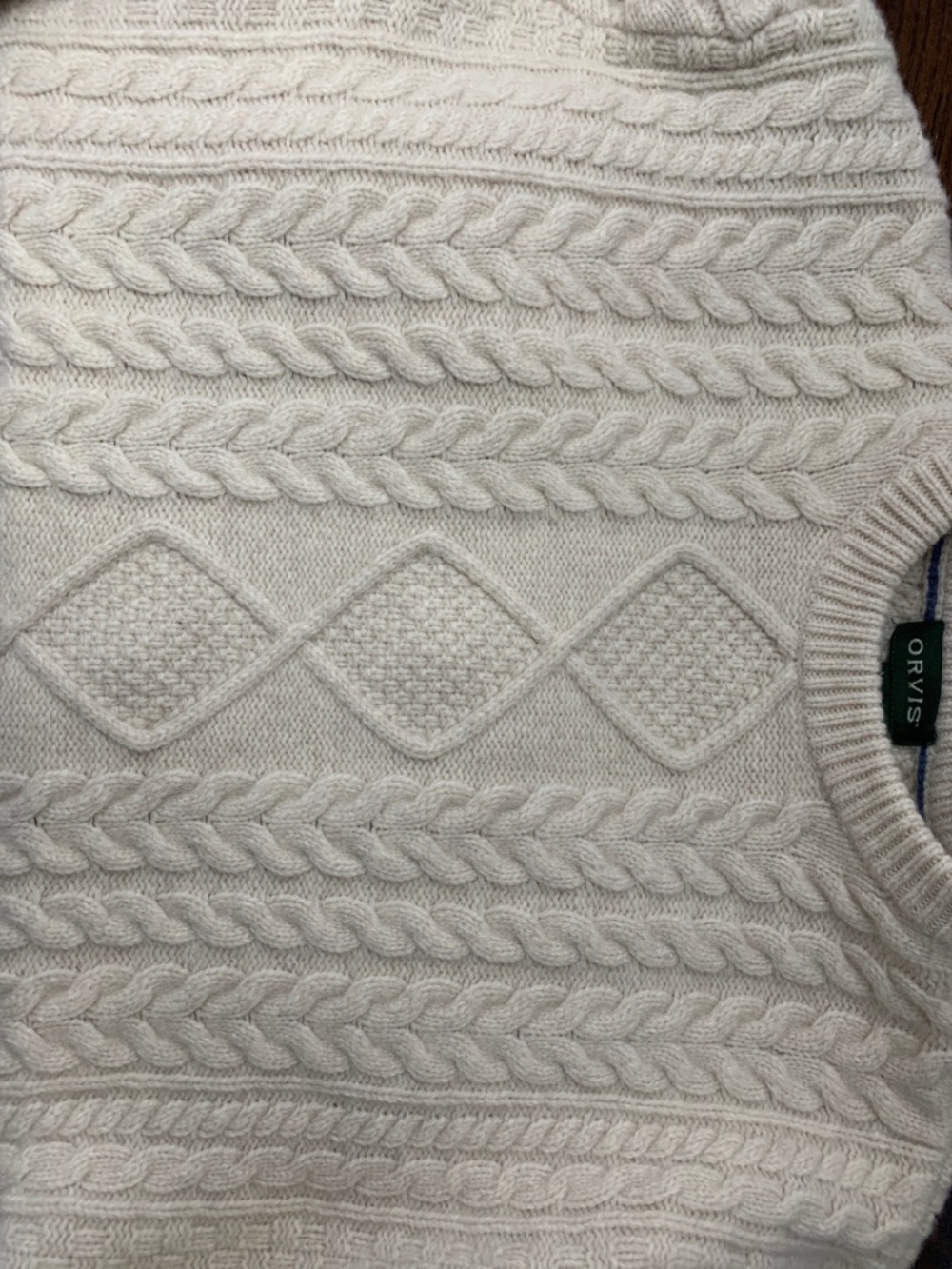 Orvis Cable Knit Crewneck Fisherman Merino Wool Sweater Cream XL Cottagecore - Picture 6 of 9